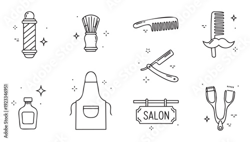Line icons depicting essential barbershop and hair salon tools and accessories including combs razors brushes and a barber pole ideal for professional branding and online interfaces