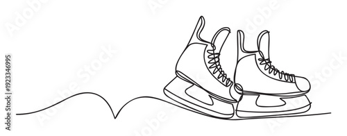 Black line drawing of two ice skates with laces connected by a single continuous minimal line creating a sense of movement, perfect for winter sports marketing or event promotions for cold
