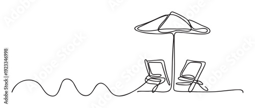 Continuous line drawing of beach chairs and an umbrella on a shore with waves representing summer vacation and relaxation for travel websites or holiday brochures