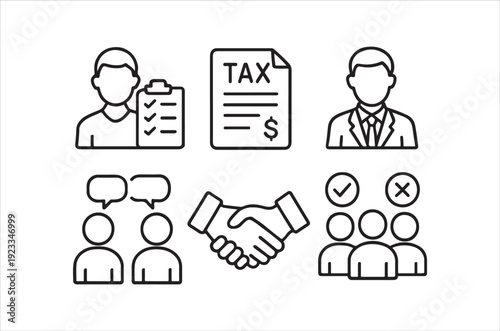 Line art depicting tax preparation business deals and group communication concepts