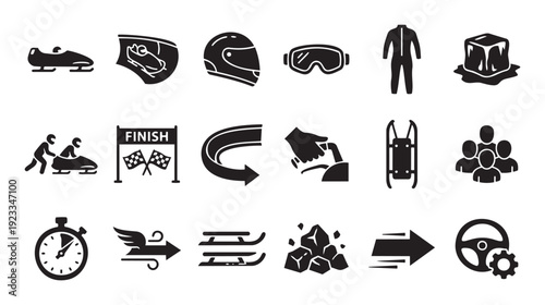 Collection of essential bobsledding and winter sports icons symbolizing speed teamwork control and competition perfect for athletic graphics user interfaces and informational designs.