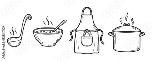 Essential kitchen equipment and hot food items including a steaming ladle, a warm soup bowl, and a cooking pot with a chefs apron, perfect for culinary blogs, recipe books, and restaurant
