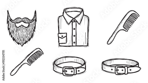 Hand drawn sketch style mens grooming and fashion set featuring beard mustache shirt combs and belts for barbershop branding mens style blogs and personal care advertising.
