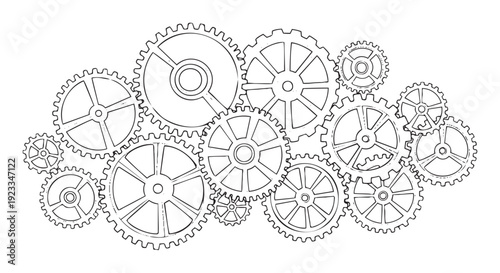Interconnected mechanical gears forming a complex system suitable for depicting industrial processes, technological innovation, teamwork, and collaborative solutions in various professional