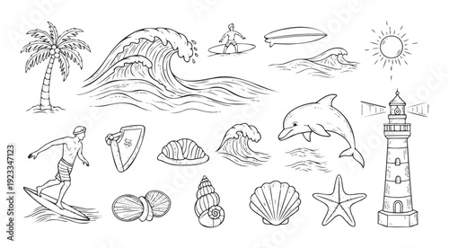 Hand drawn summer vacation travel and surfing doodle collection featuring beach elements like palm trees, waves, surfers, dolphins, shells, and a lighthouse for resort promotions