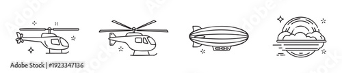 Simple line icons depicting various air transport vehicles including helicopters and an airship alongside a sky weather symbol ideal for modern web interfaces and mobile applications.