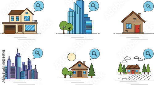Real Estate Property Search Vector Set with House Apartment City Building and Home Icons for Real Estate Website and Mobile App Design