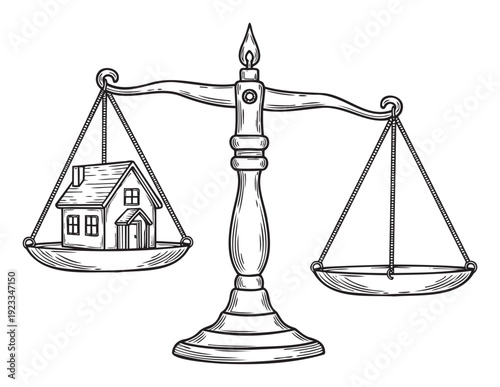 Classic judicial balance scale featuring a small house on one pan and an empty pan on the other representing real estate value and the concept of property law and housing market decisions
