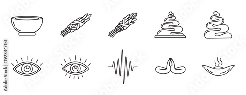 Collection of spiritual and wellness line icons featuring meditation tools, healing herbs, and symbols of enlightenment perfect for yoga studio branding or holistic health content