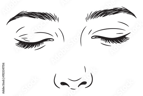 Captivating black and white line drawing of closed human eyes and subtle nose features, evoking tranquility and peace for use in mindfulness and relaxationthemed publications.