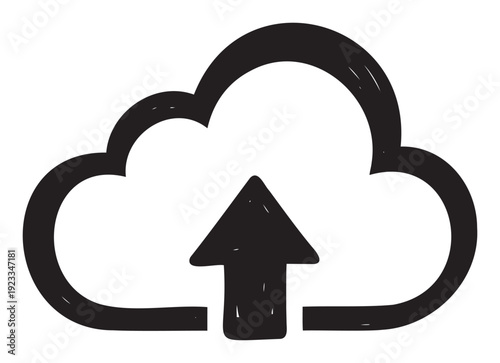 Hand drawn style cloud upload icon representing data transfer to online storage or digital backup system, ideal for technology interfaces, web buttons, and application graphics