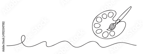 A continuous line drawing of an artists paint palette with a paintbrush and a flowing wavy line representing creativity, suitable for graphic resource or educational materials