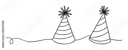 Two festive celebration hats with fluffy tops connected by a fluid continuous line drawing, perfect for childrens birthday events, holiday greeting decorations, and whimsical invitation