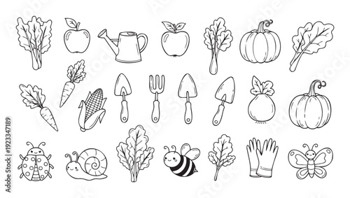 Assortment of fresh garden produce, essential planting tools, and friendly outdoor insects in a clear outline style, perfect for childrens learning activities or creative coloring projects.