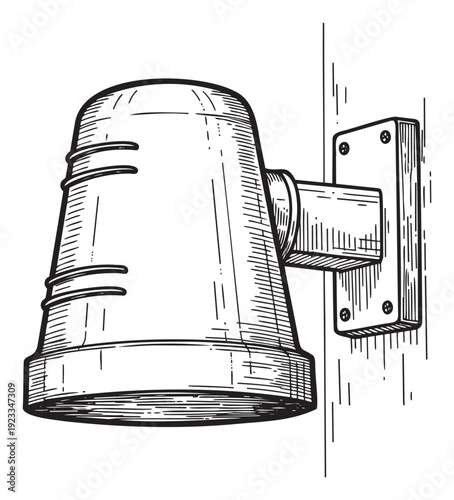 Classic outdoor wall mounted floodlight fixture sketch, ideal for illustrating historical architecture, garden lighting concepts, or home renovation guidance.