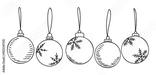 A charming collection of hand drawn Christmas ornaments and baubles, featuring festive designs like snowflakes and stripes, ideal for seasonal greetings, holiday celebration projects and