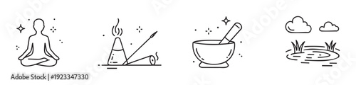 Line icons representing meditation, aromatherapy, herbal remedies, and natural wellness practices for holistic health and peaceful living concepts