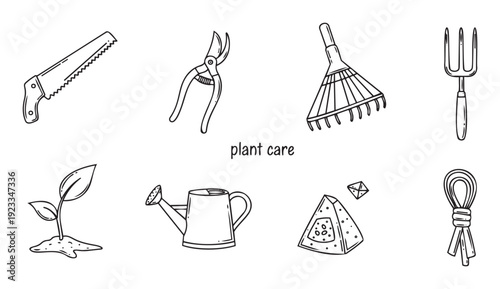 Hand drawn doodle icons for plant care featuring gardening tools such as a saw, shears, rake, watering can, and seedling, perfect for educational materials or landscape service promotions.