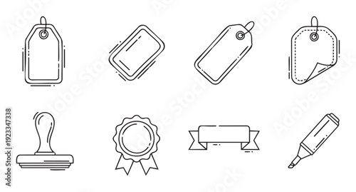 Assortment of essential line icons for ecommerce and retail materials featuring various pricing tags quality seals and informational ribbons
