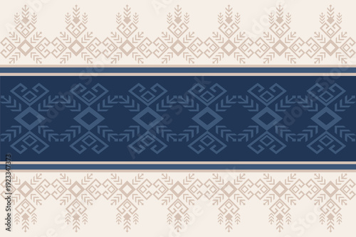 Seamless geometric tribal pattern with diamond shapes and ethnic ornaments in navy blue and beige tones. Decorative vector design for textile, wallpaper, background, and print.