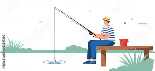 Man Fishing While Sitting on Wooden Dock Flat Vector Illustration Outdoor Leisure Activity with Fisherman, Rod, Lake Water, and Nature Landscape Lifestyle Concept