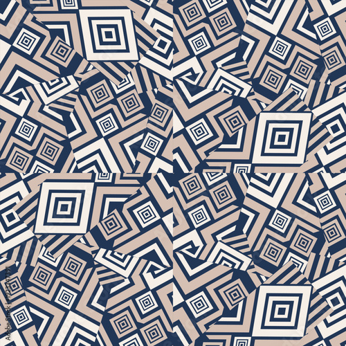 Seamless geometric tribal pattern with diamond shapes and ethnic ornaments in navy blue and beige tones. Decorative vector design for textile, wallpaper, background, and print.