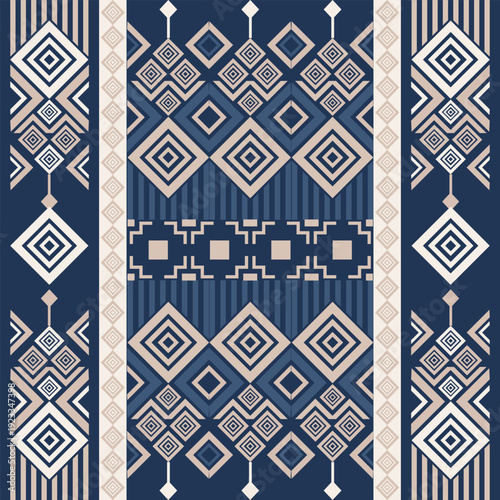 Seamless geometric tribal pattern with diamond shapes and ethnic ornaments in navy blue and beige tones. Decorative vector design for textile, wallpaper, background, and print.
