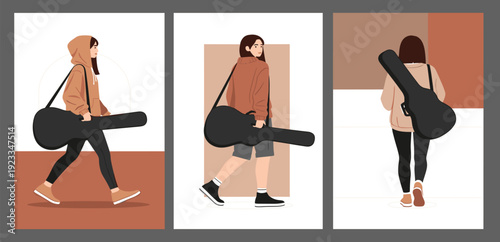 Girl Walking with Guitar Case Illustration Set for Music Lifestyle Street Fashion and Creative Artist Concept Vector Design Collection