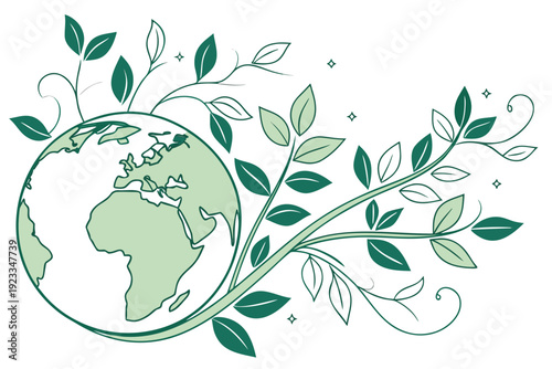 A beautiful vector illustration depicting our green earth thriving with lush leaves and organic plant growth, symbolizing global environmental care, sustainability, and ecological well-being.