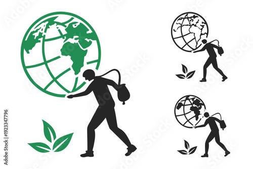 Vector illustration of a silhouette figure carrying a seed sack preparing to plant new life near a stylized globe emphasizing environmental care and global growth