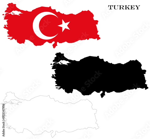 Turkey Country Maps Bundle with National Flag, Black Silhouette and Detailed Outline Contours