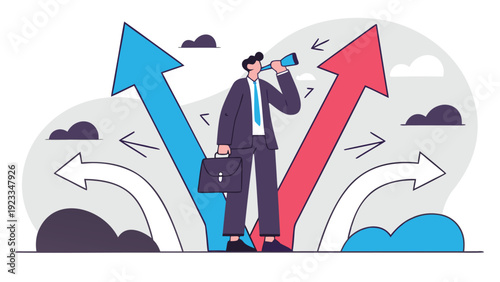 Businessman standing at a three-way intersection of diverging arrows and looking through a telescope to observe future paths