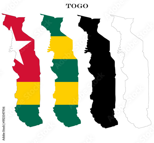 Togo Country Maps Bundle with National Flag, Black Silhouette and Detailed Outline Contours