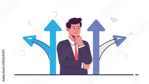 Thoughtful businessman standing with hand on chin at a three-way intersection with diverging blue and purple arrows