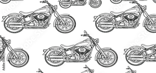 Classic Motorcycle Seamless Pattern with Vintage Chopper Bike Line Art for Biker Culture Textile Print Wallpaper and Retro Automotive Design