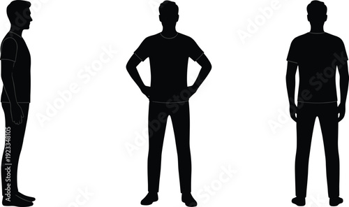 Black silhouette illustration of standing person in three different postures, including side profile, front view, and rear view, useful for design, animation, and ergonomic studies