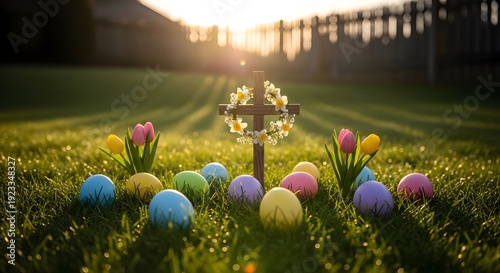 Colorful easter eggs and a wooden cross with flowers sit in a lush green field at sunset.
