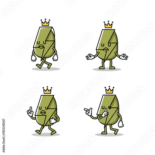 Cartoon money bills with crown walking and gesturing in different poses with confident expression