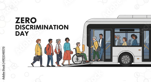 Illustration of diverse people boarding a bus on Zero Discrimination Day, promoting equality and social inclusion with a colorful and uplifting theme.