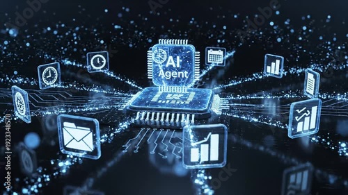 AI agent automating digital workflow with connected data, document, and email icon on a futuristic network, representing smart process management and artificial intelligence automation. 