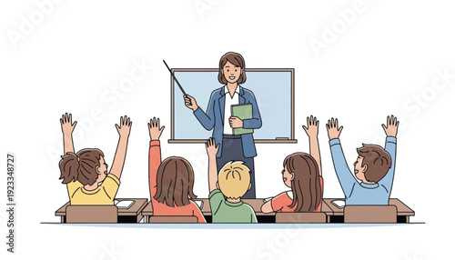 Enthusiastic Students Raising Hands in Classroom Active Learning Concept
