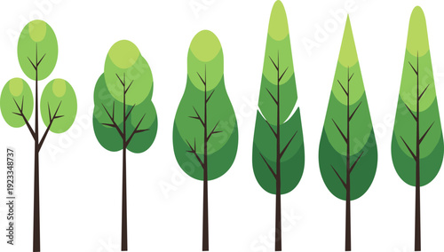 Tree illustrations vector artwork, diverse foliage designs, coniferous and deciduous styles, environmental concept, nature graphic, green landscape educational design