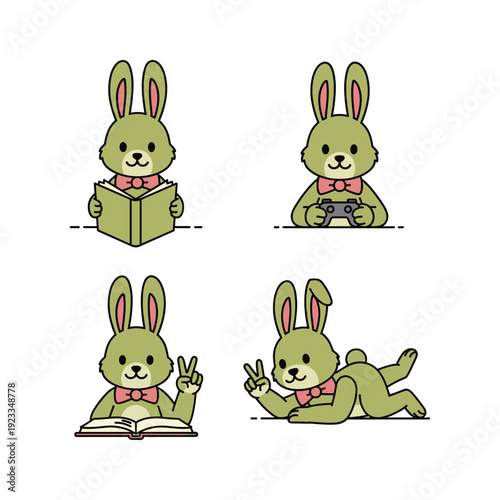 Cute cartoon bunny reading and relaxing with copy space