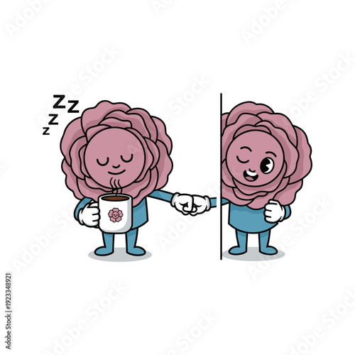 Cartoon characters with coffee cups illustrating morning routine and caffeine boost in a simple design