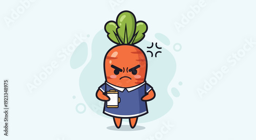 Angry cartoon carrot in business attire holding a cup, expressing frustration