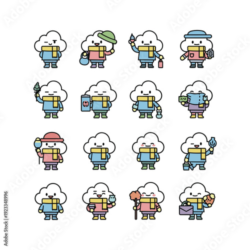 Cartoon characters with various activities and accessories in a minimalist style
