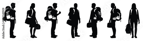 Collection of Backpacker Silhouettes with Men and Women Carrying Backpacks and Travel Bags Vector Illustration Isolated on White Background for Travel and Adventure Concept