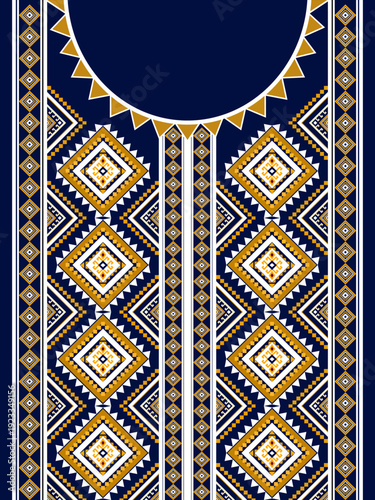 Intricate geometric ethnic pattern in navy blue and gold, designed for garment necklines, embroidery, or textile printing. Features traditional folk art motifs.