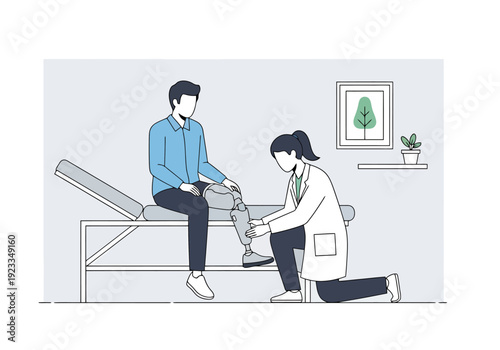 Medical Professional Adjusting Prosthetic Leg On Patient Sitting On Examination Table Healthcare Rehabilitation Concept