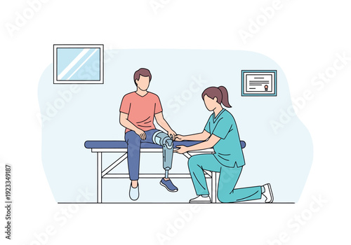 Patient with prosthetic limb receives care from medical professional in examination room setting illustration